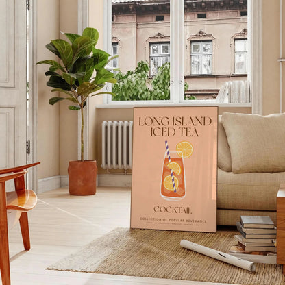 decor captivating Long Island Iced Tea cocktail poster sleek gray vibrant orange palette wall art unique gift mixology enthusiasts unframed options space