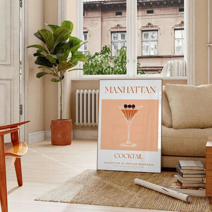 space stunning Manhattan Cocktail Poster sleek black vibrant orange hues gift wall art print touch sophistication setting framed ready options lovers enthusiasts