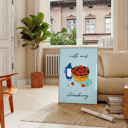 touch sweetness space Milk Strawberry Fruit Art Poster vibrant green orange hues eye wall perfect gift formats A4 cm A0