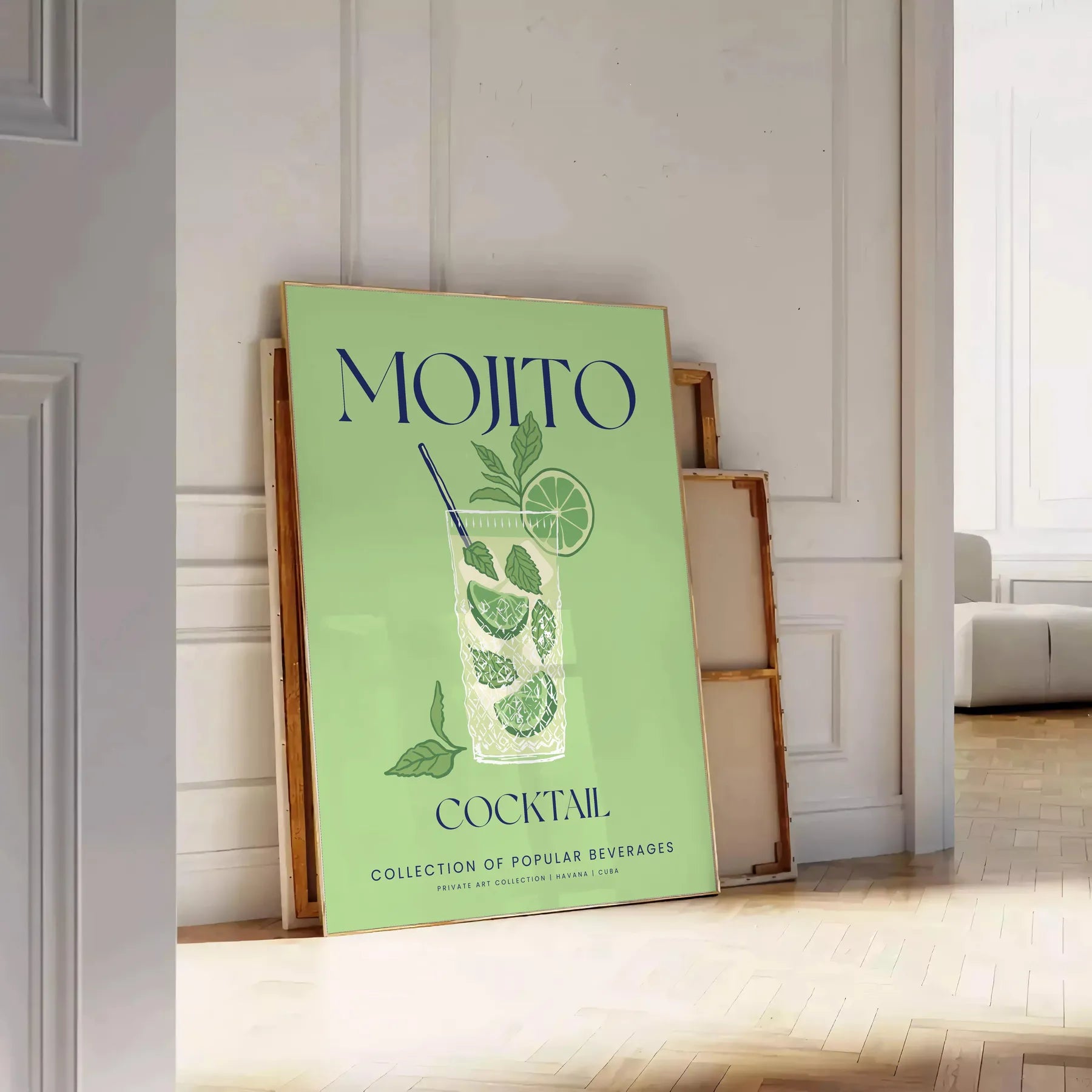 space stunning Mojito Cocktail poster elegant gray tones refreshing greens gift chic addition wall art collection splash flavor decor A4 cm A0 sizes