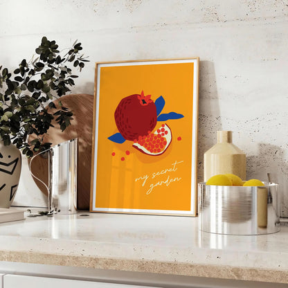 space My Secret Garden fruit poster vibrant orange blue hues captivating wall art ideal gift splash nature indoors various dimensions A4 cm A0