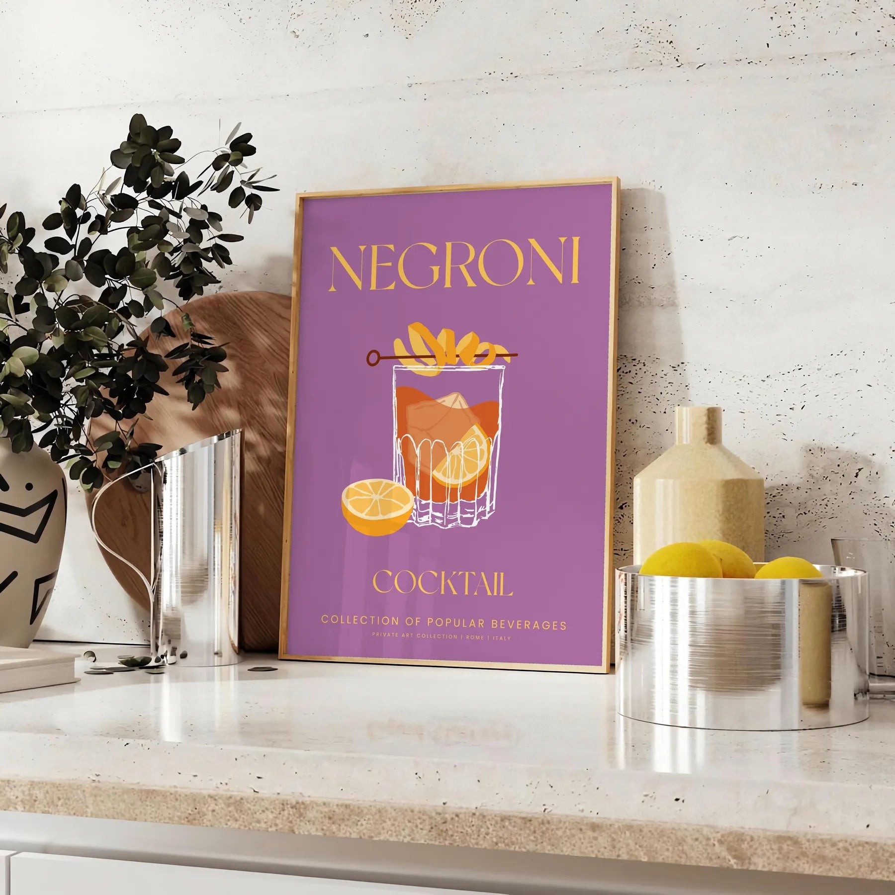 space vibrant Negroni cocktail poster stunning yellow orange hues wall art lover unique gift idea variety sizes A4 cm A0