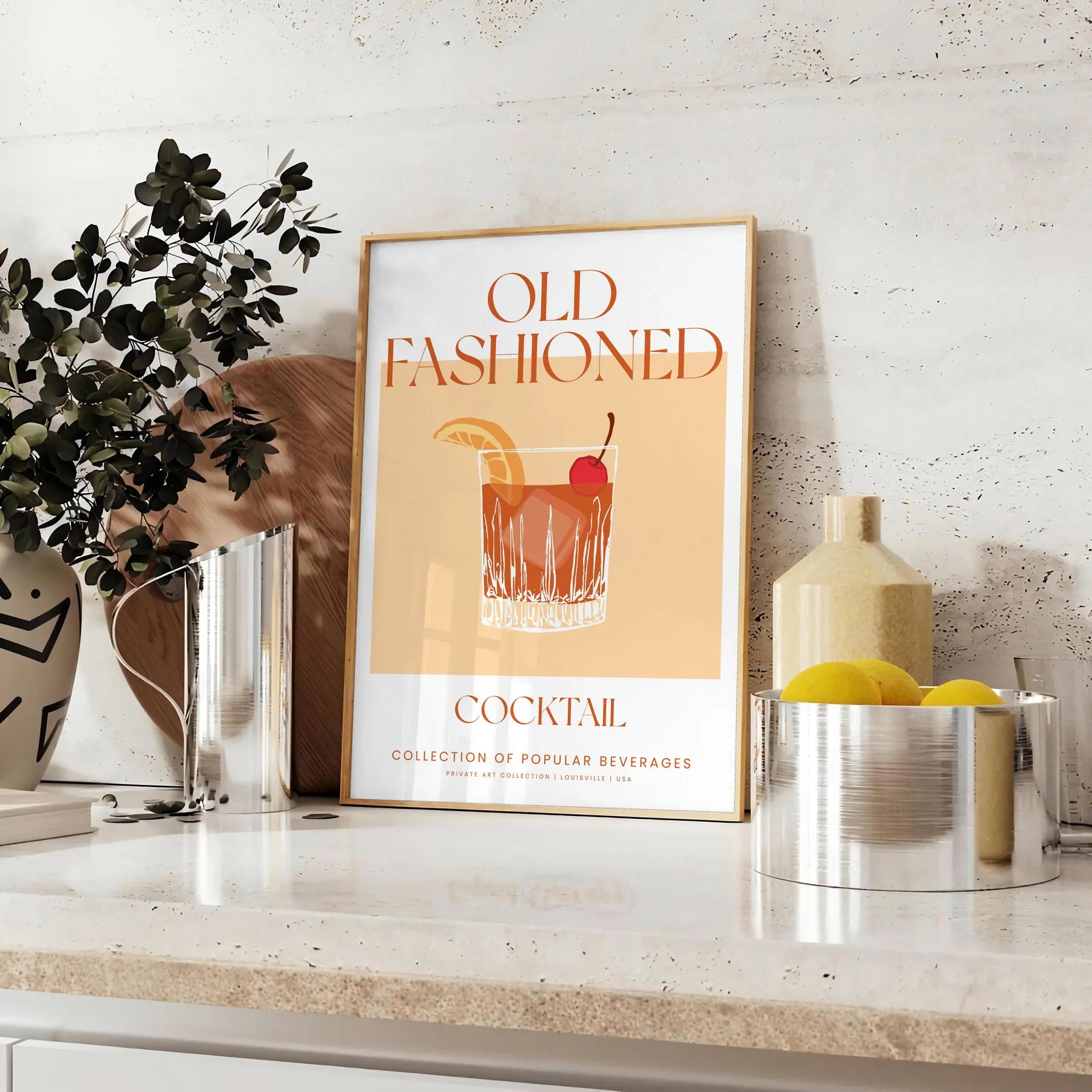 space vibrant Old Fashioned Cocktail Art poster bold orange red hues unique wall stylish gift print essence vintage charm sizes A4 cm A0